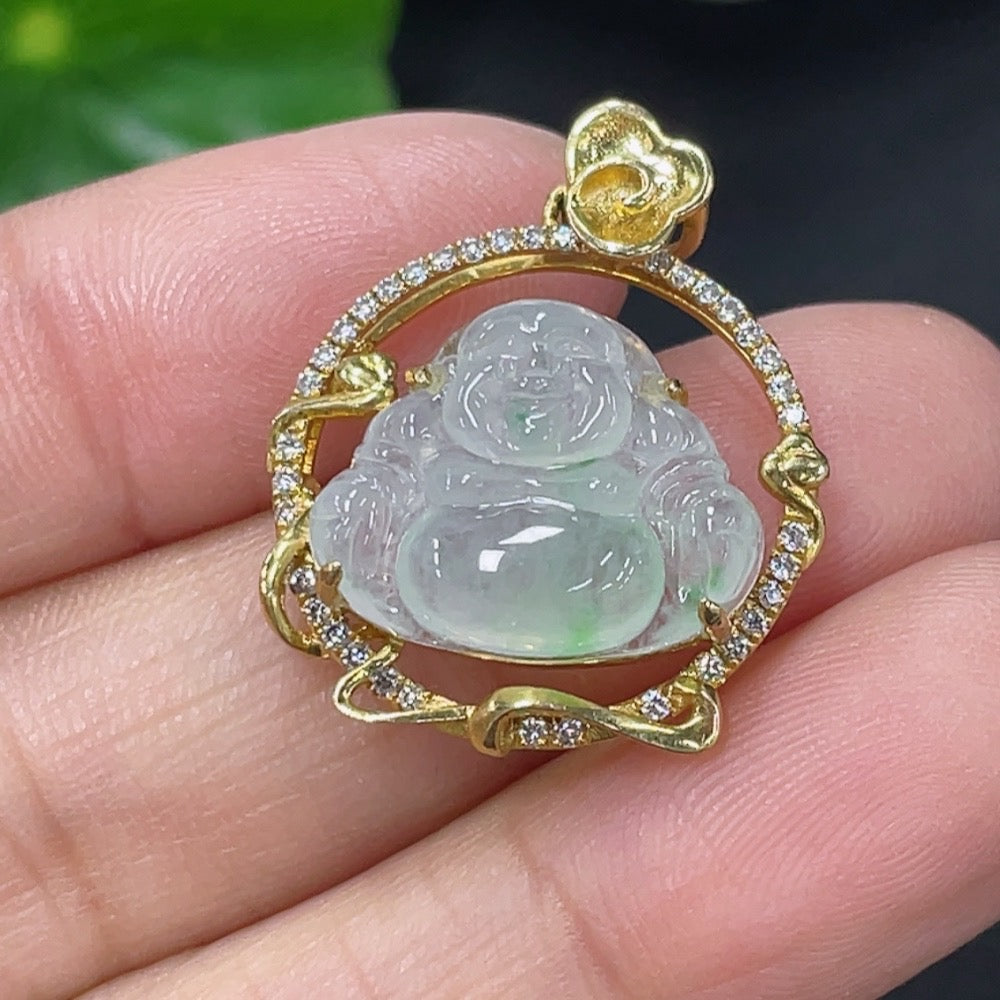 Jadeite Inlaid Buddha Pendant with 18k Gold and Diamond Accents, Total Weight Approximately 3.5g