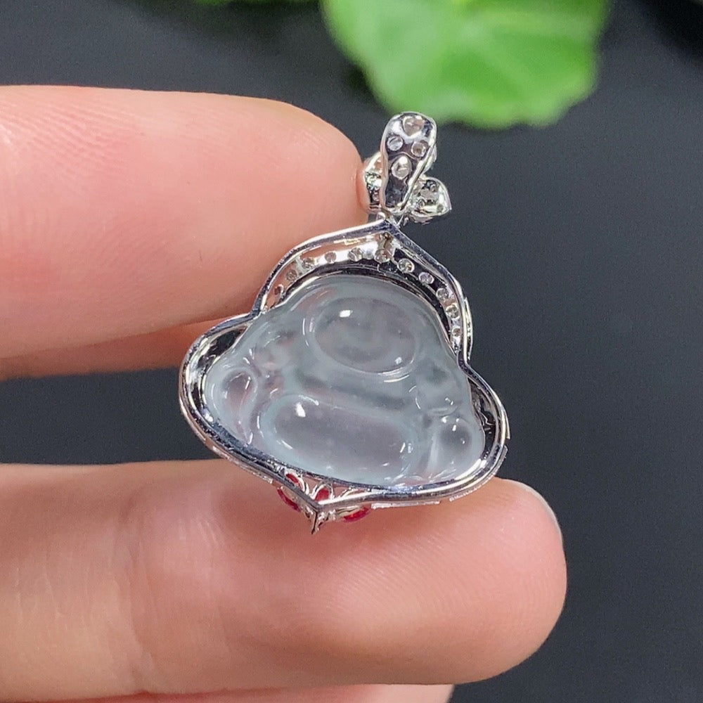 Jadeite Buddha Pendant with 18k Gold Setting, 3 Non-Diamond Accents