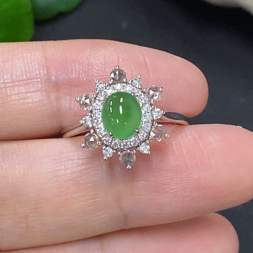 Jadeite inlaid ring by HKHQ with 18k gold and small diamond accents, size 15, showcasing intricate jade and gold design.