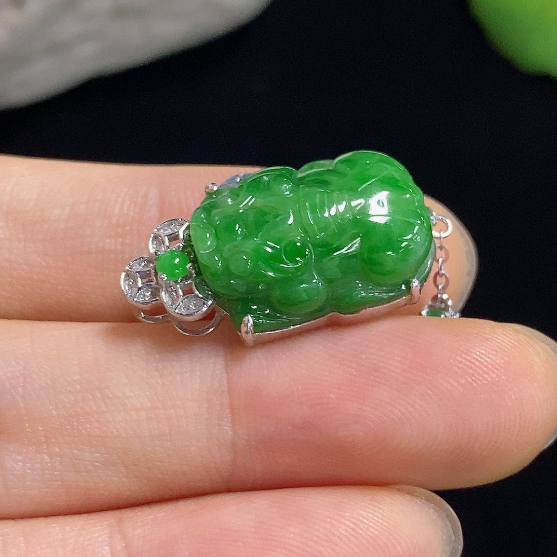 Jadeite Pi Xiu Inlaid Pendant 18K with Diamond Accent