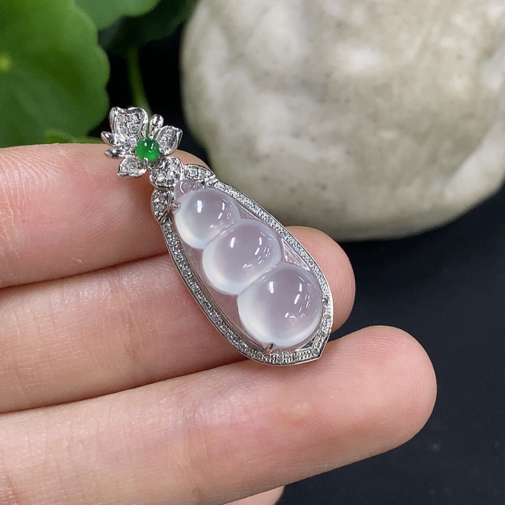 Jadeite Auspicious Bean Pendant Set in 18K Gold with Diamond Accents, Total Weight Approx. 2.88g