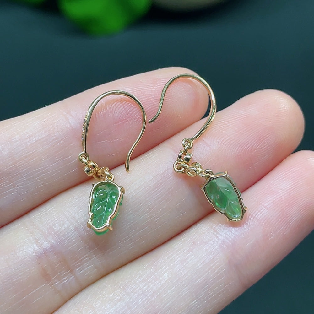 Jadeite Leaf Inlaid Earrings 18k
