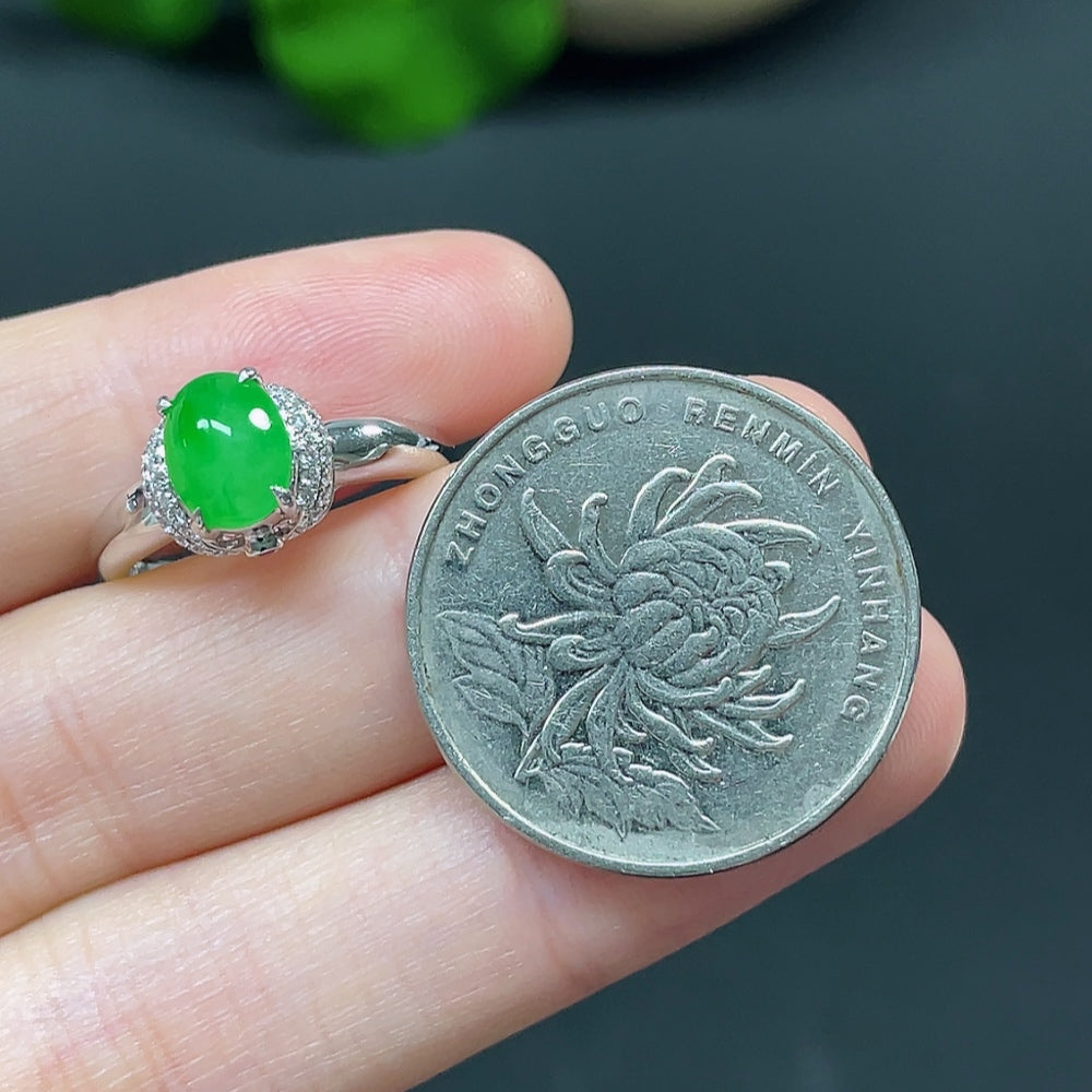 Jadeite Cabochon Solitaire Ring, 18K with Diamond Accents