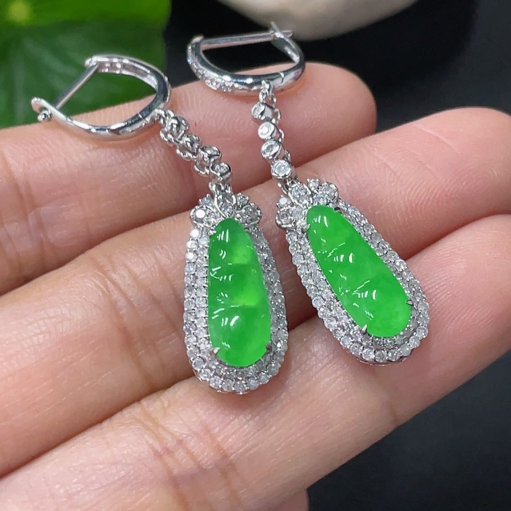Jadeite Earrings with 18k Gold and Diamond Accents, Total Weight Approximately 4.76g