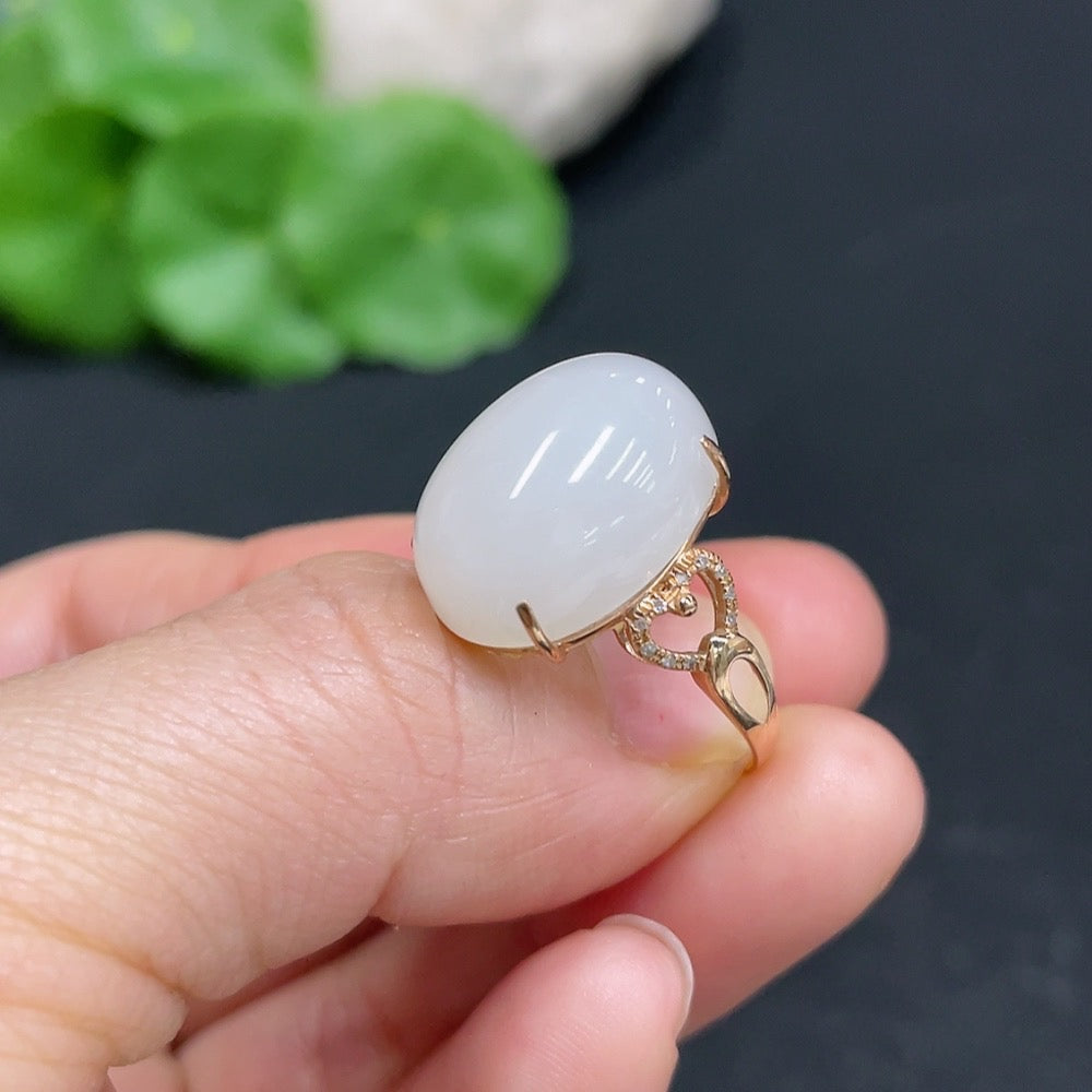 Hetian Jade Inlaid Ring with Diamond Accents, Size 14, 74% Gold Content, Total Weight Approx. 3.3g