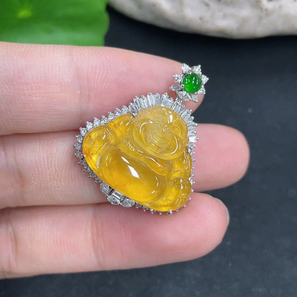 Jadeite Pendant Buddha, Total Weight Approx. 6.99g, 18K Gold with Diamond Accents, Color Origin Undetermined