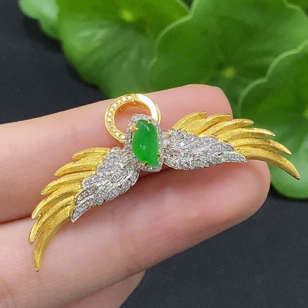 Jadeite Inlaid Brooch 18K Gold with Diamond Accent Total Weight Approx. 5.6g