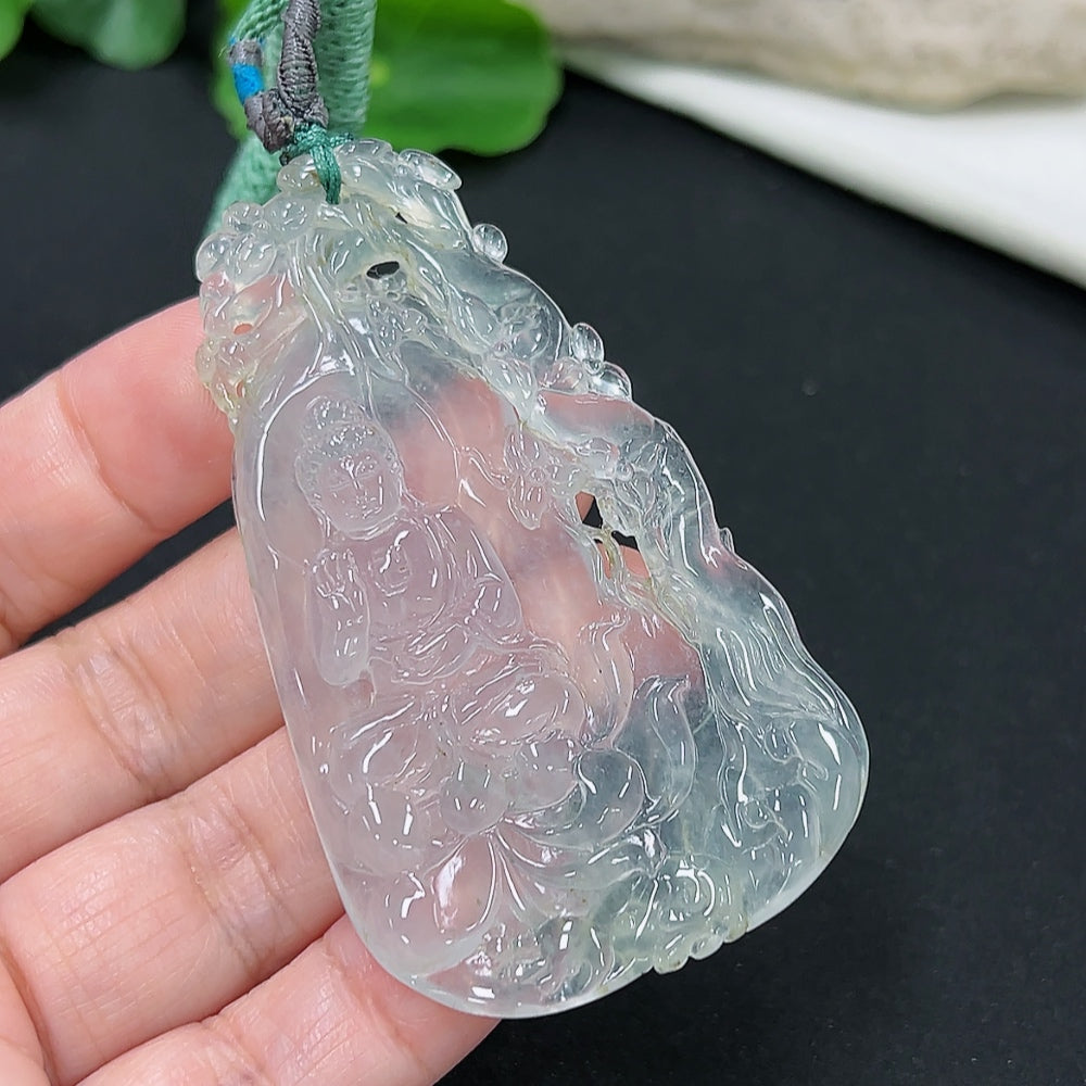 Jadeite pendant featuring Guanyin figure on cord, crafted from green jade, weighs approximately 27.4 grams.