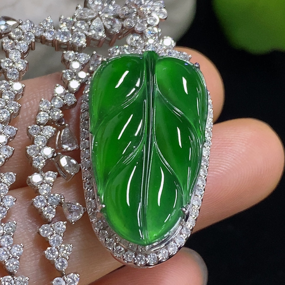 Jadeite Pendant Leaf 18k with Diamond Accents Total Weight Including Chain Approx. 19.7g