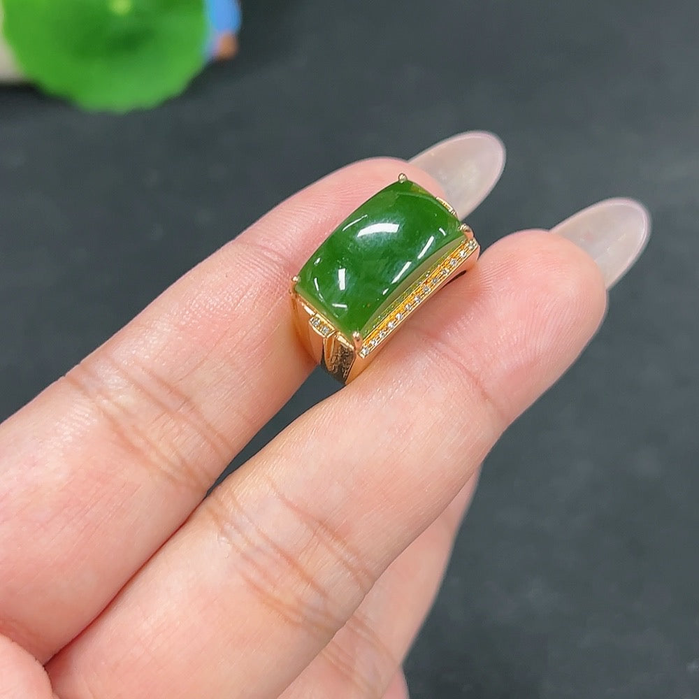 Hetian jade jasper inlaid ring with 18k gold and diamonds, size 11.5, featuring intricate gemstone and metalwork design.