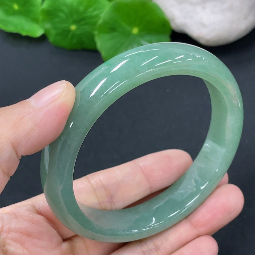 HKHQ jadeite round bangle, smooth green jade jewelry, 54.38g weight, size 56.9 mm, finely crafted round jade bracelet