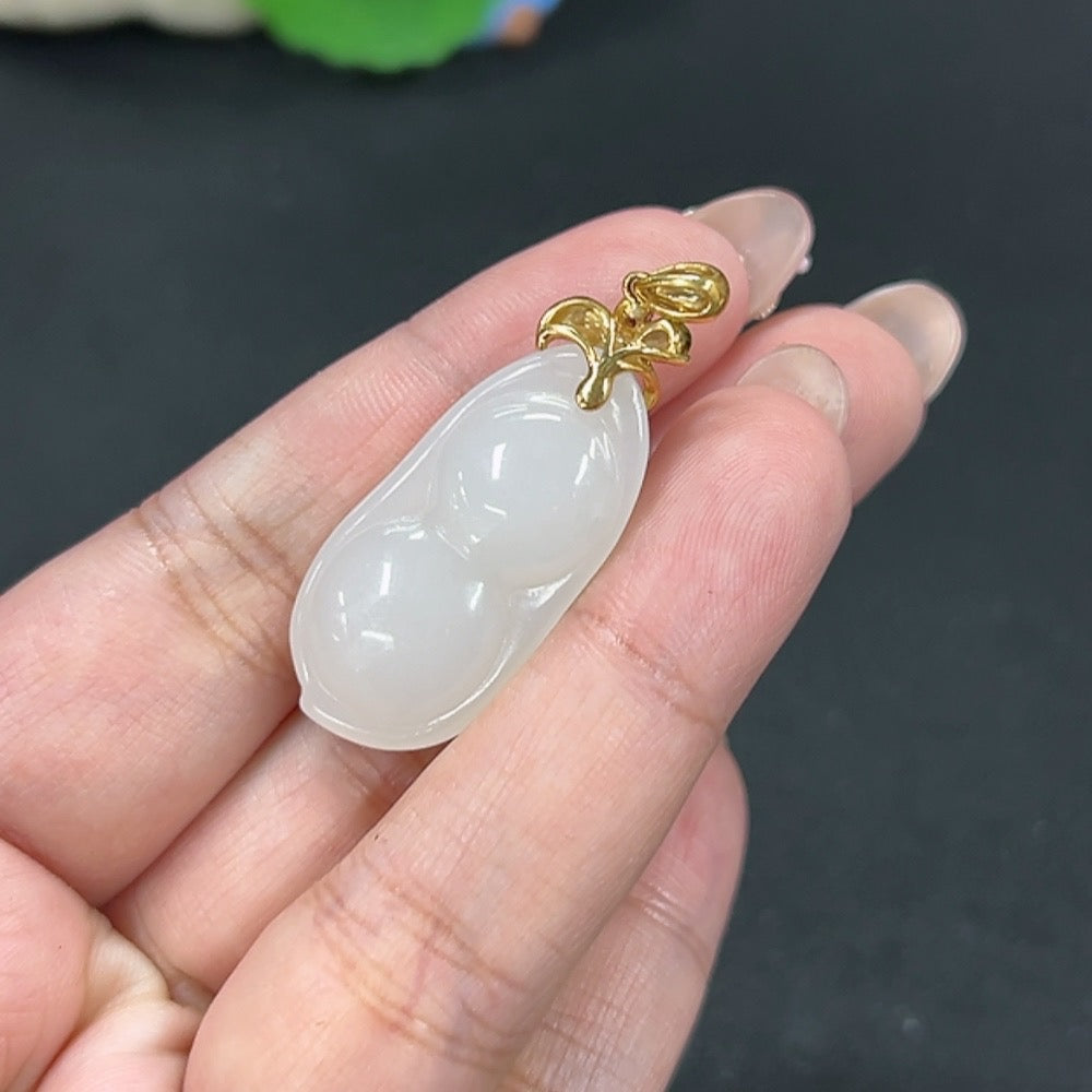 Hetian Jade Inlaid Pendant, Lucky Bean, Total Weight Approx. 9.3g, 18k Gold with Diamond Accents