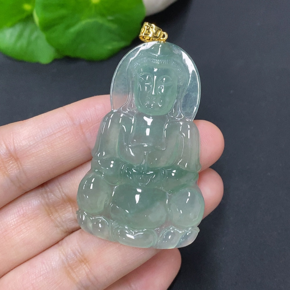 Jadeite Guanyin Pendant with 18K Gold Clasp