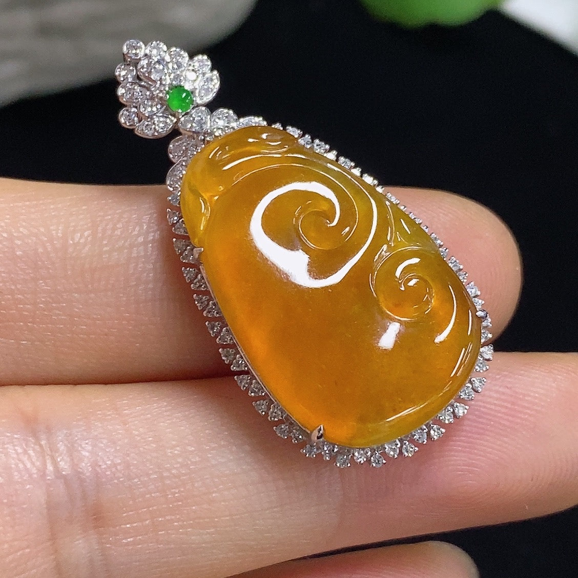 Jadeite Ruyi Inlaid Pendant with 18K Gold and Diamond Accents, Color Origin Undetermined