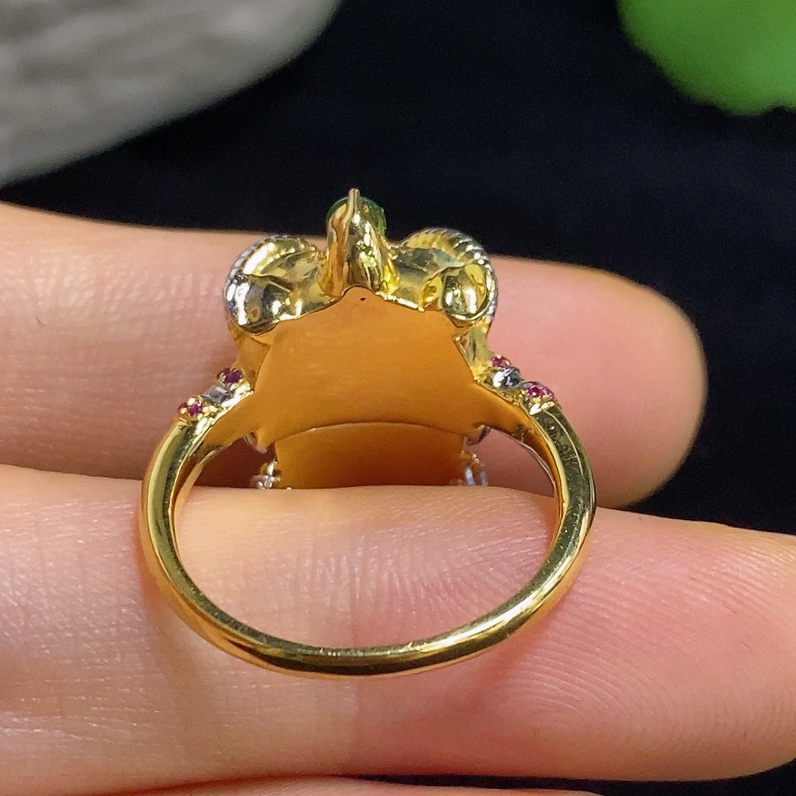 Jadeite cabochon solitaire ring with diamond accents in 18K gold, size 13, featuring a colorless jade gemstone and elegant design.
