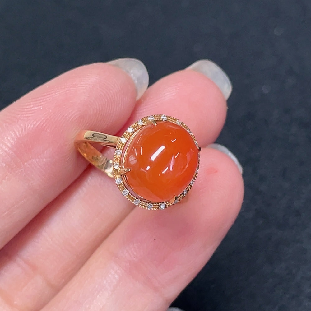 South Red Agate Ring with Diamond Accents, 18K Gold