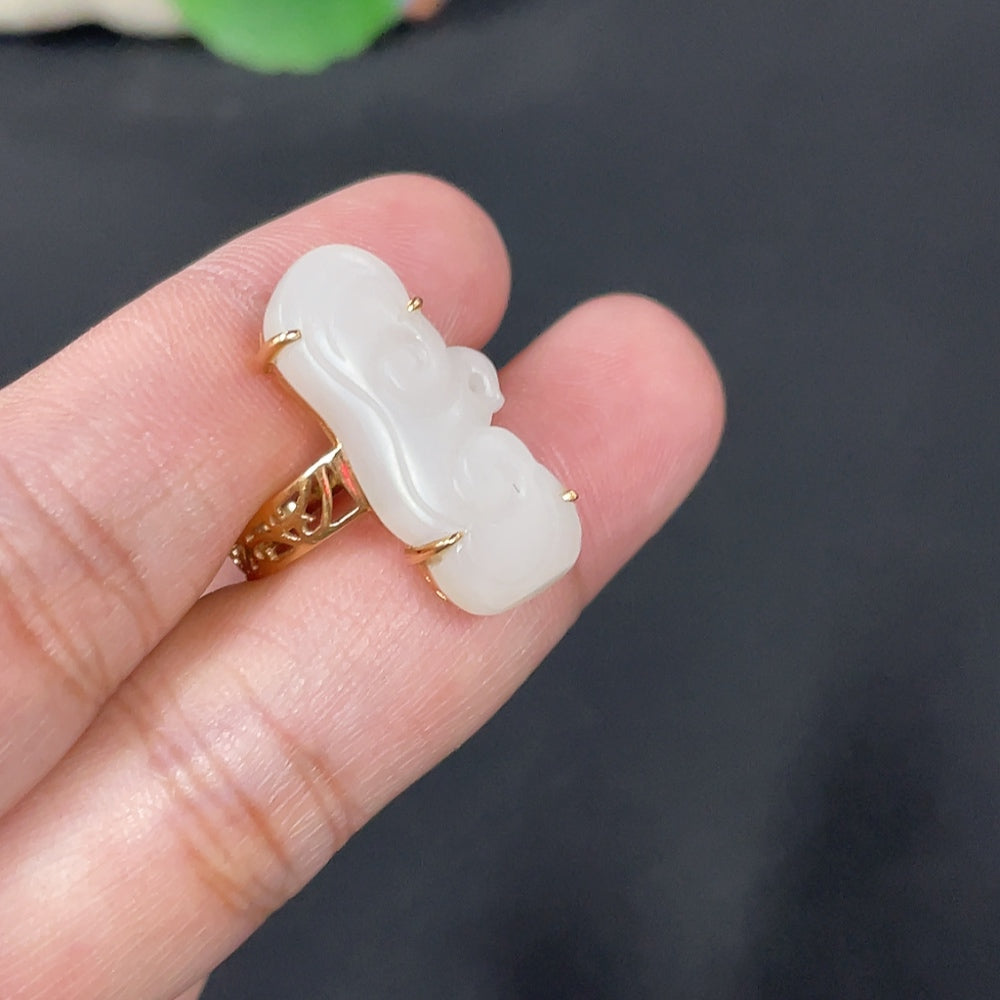 Hetian Jade Inlaid Ring Ruyi Size 14 Total Weight Approx. 5.2g 18k