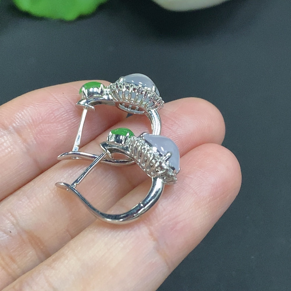 Jadeite Cabochon Earrings with 18k Gold and Diamond Accents, Total Weight Approximately 5.4g
