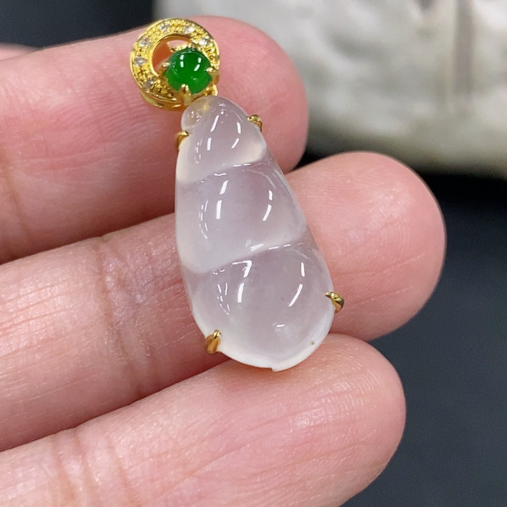 Jadeite Blessed Bean Pendant, 18K Gold Setting with Diamond Accents