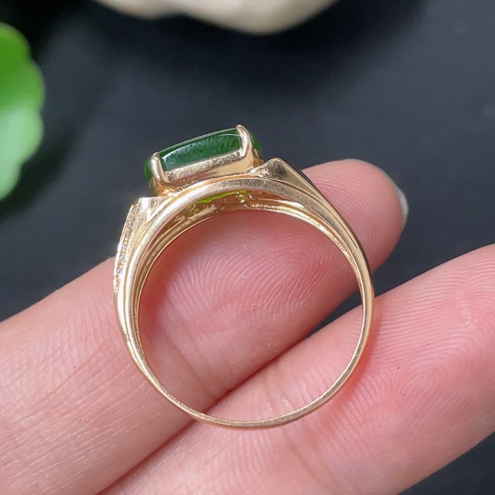 Hetian Jade Jasper ring with 18K gold band and diamond accents, size 15, weighing approx. 2.5g, by HKHQ.