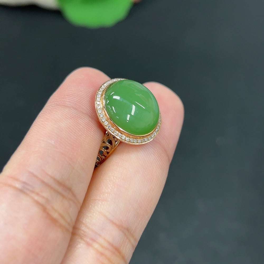 Hetian jade inlaid ring with diamond accents, size 14, crafted with 18k gold, weighing approximately 4.4g, by HKHQ.