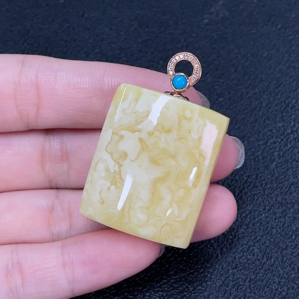 Amber Beeswax Inlaid Pendant 18K Gold Accent Stones Considered Non-Natural Accented with Diamonds