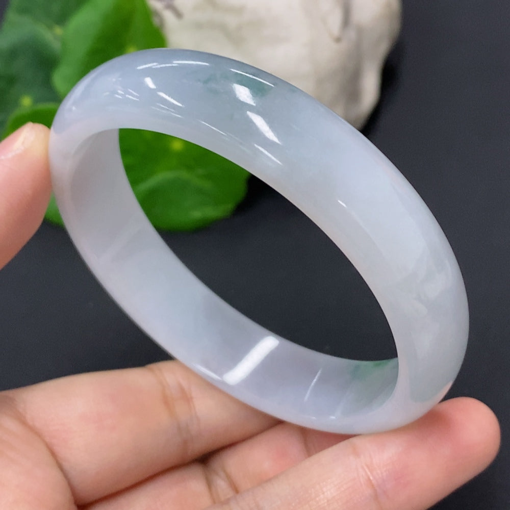 HKHQ jadeite round bangle with size 59.2 and approximately 52.4g weight, showcasing smooth, polished green jade surface.