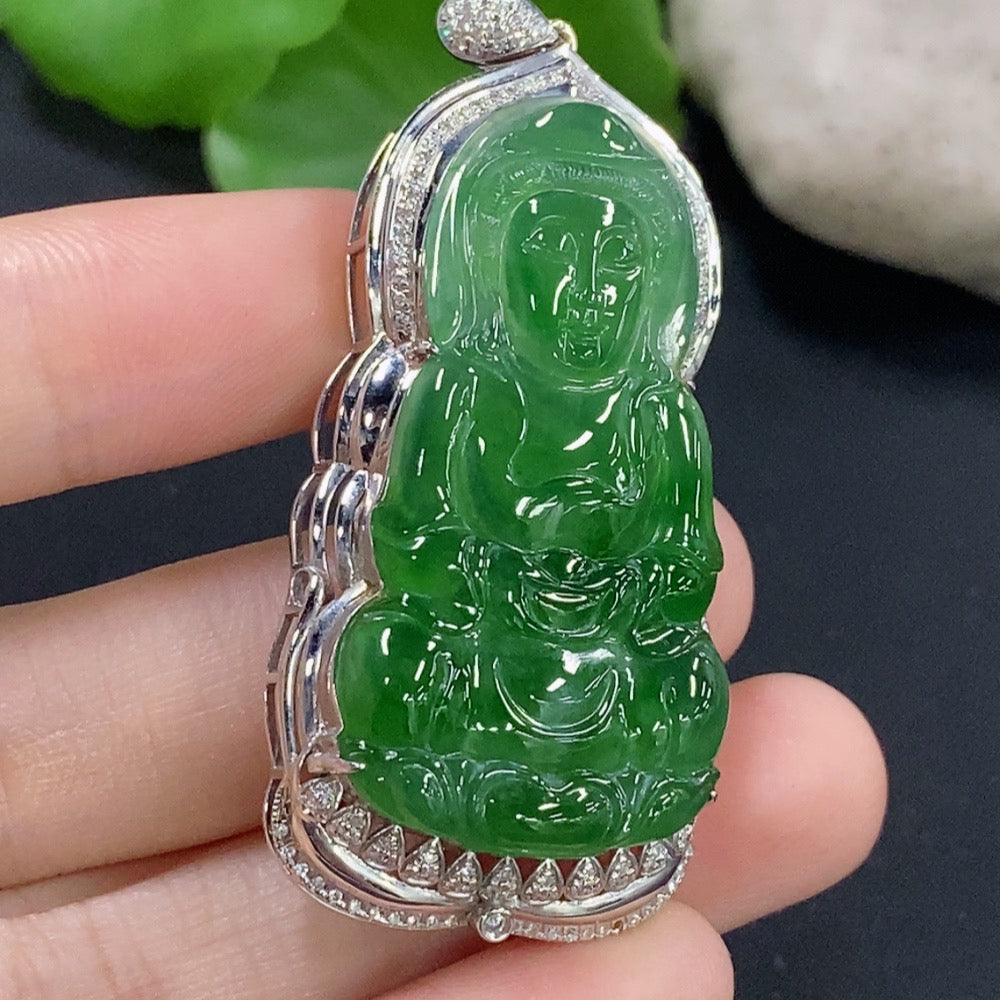 Jadeite Guanyin Inlaid Pendant with 18k Gold and Diamonds