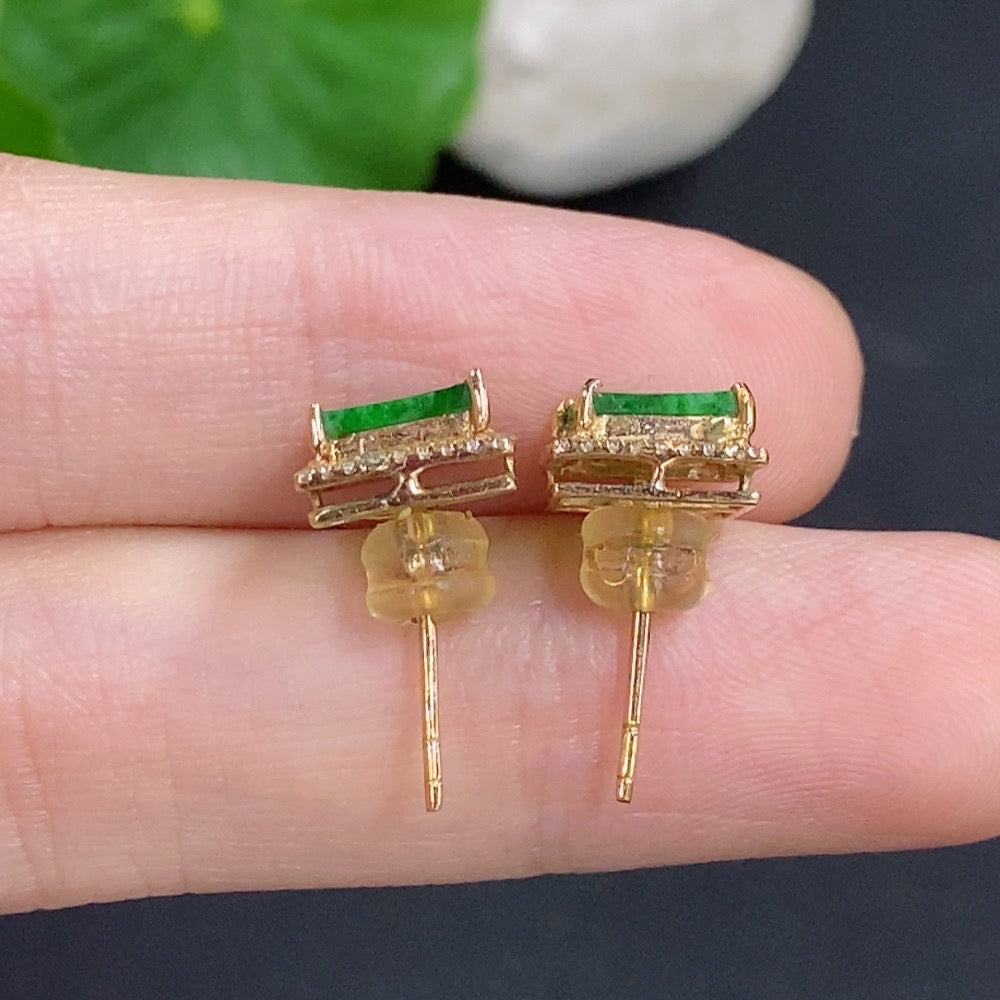 Jadeite ear studs with 18k gold accents and diamond accents, lightweight earrings featuring green jade and sparkling diamonds.
