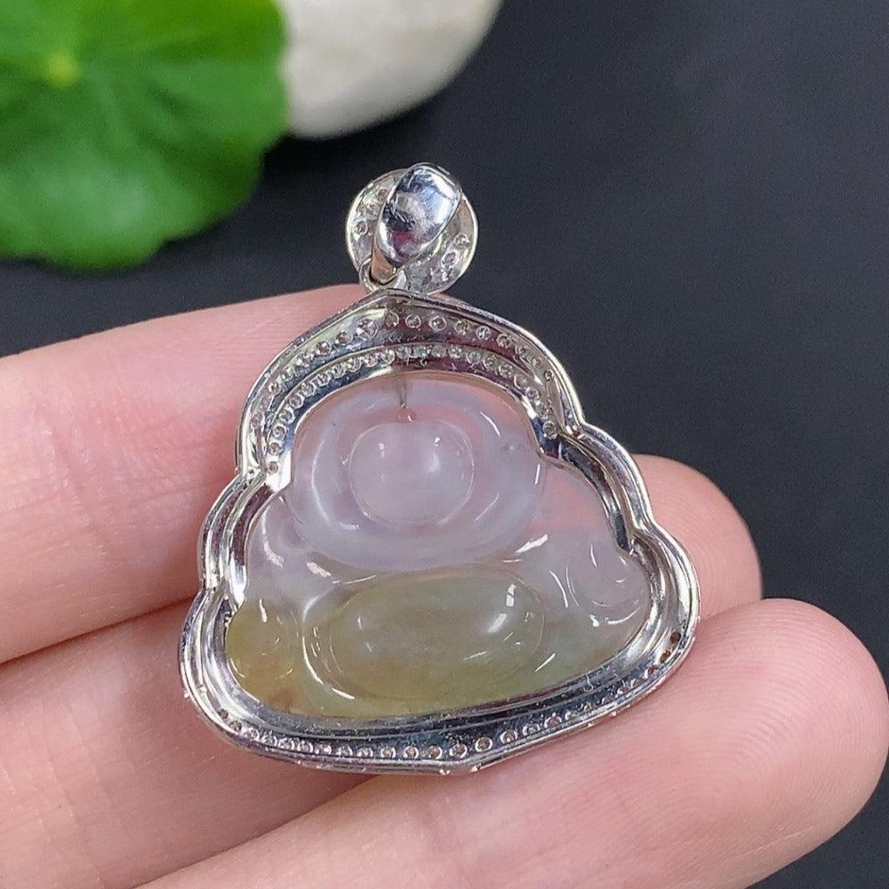Jadeite Buddha Pendant with 18k Gold and Diamond Accents, Total Weight Approximately 5.2g
