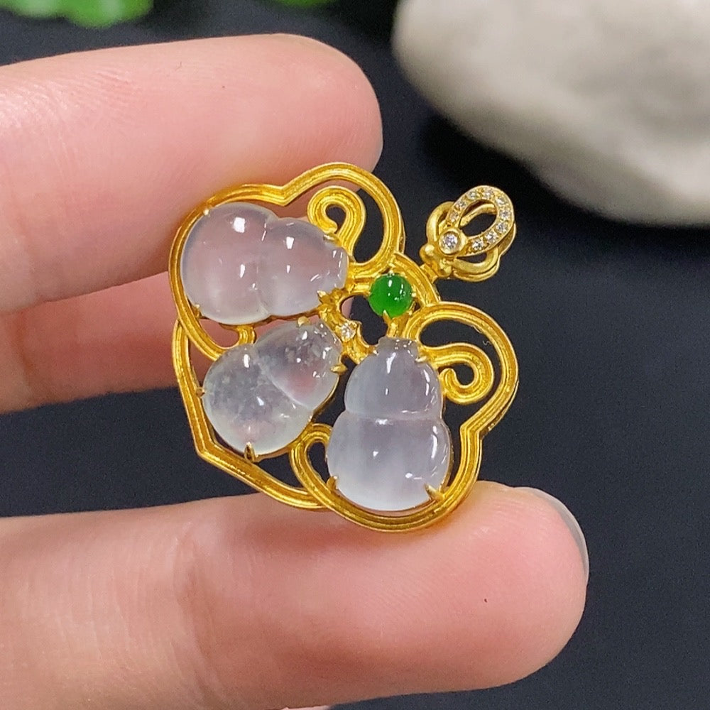 Jadeite Gourd Inlaid Pendant with 18K Gold and Diamond Accents