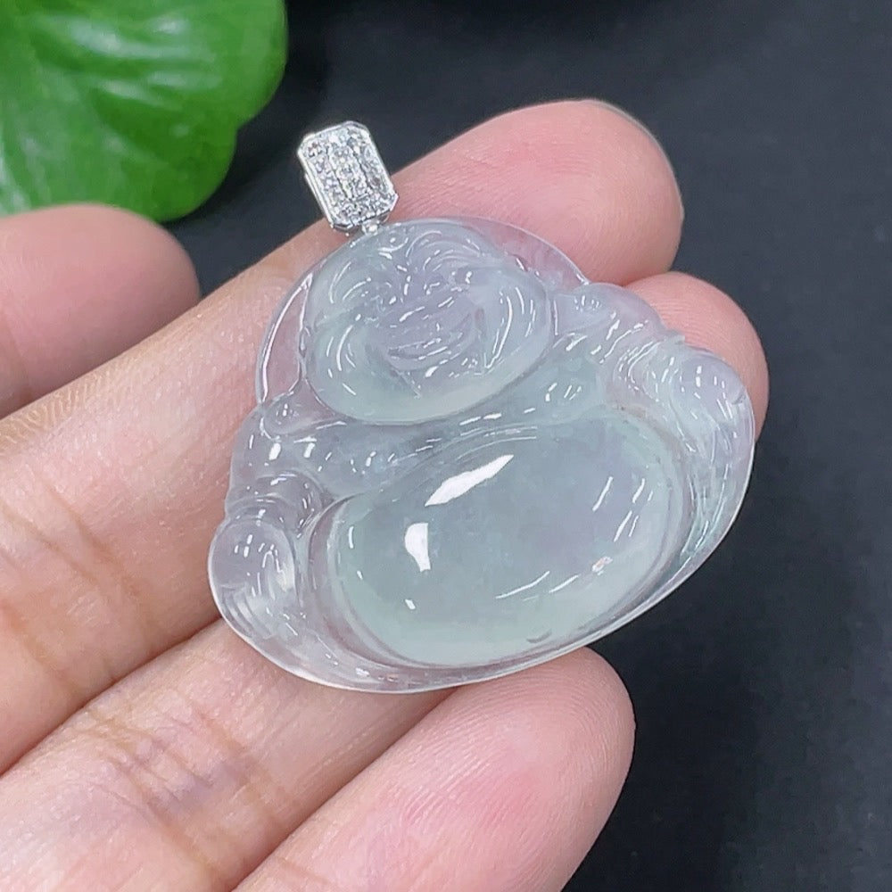 Jadeite Pendant Buddha with 18k Gold and Diamond Accents, Total Weight Approximately 5.92g