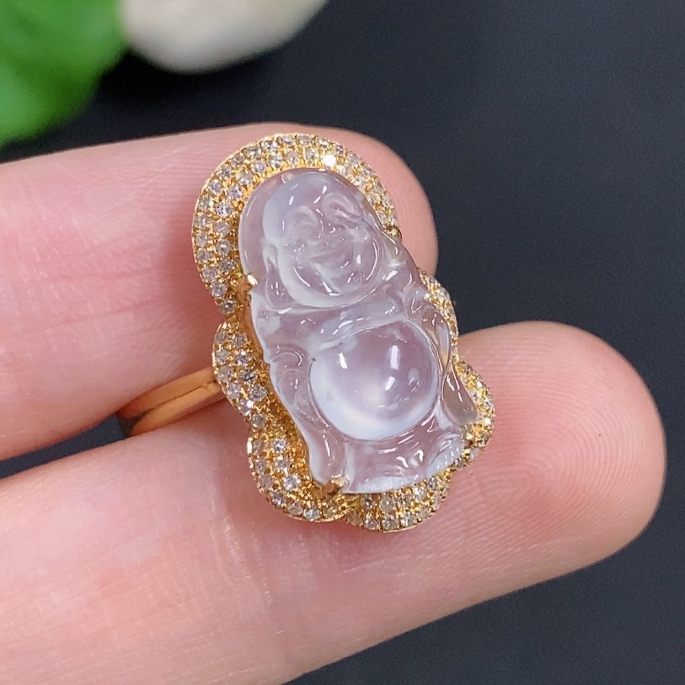 Jadeite Buddha inlay ring 18K Gold with diamonds