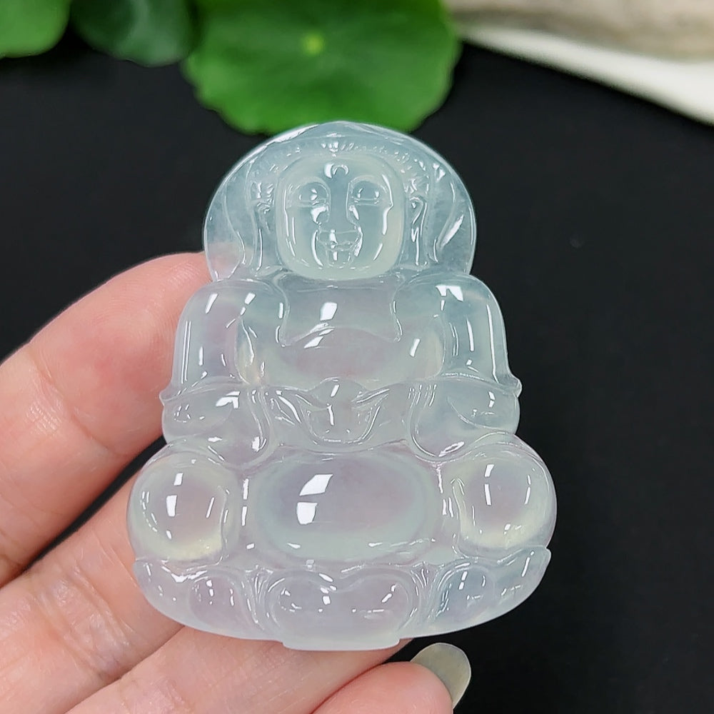 Jadeite Guanyin pendant in natural green jade, approximately 21.1g, crafted by HKHQ with detailed carved design.