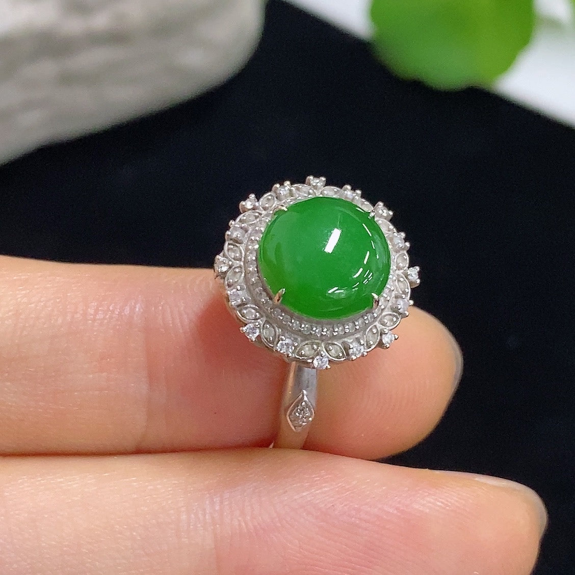 Jadeite Cabochon Ring/Pendant Convertible 18K with Diamond Accents