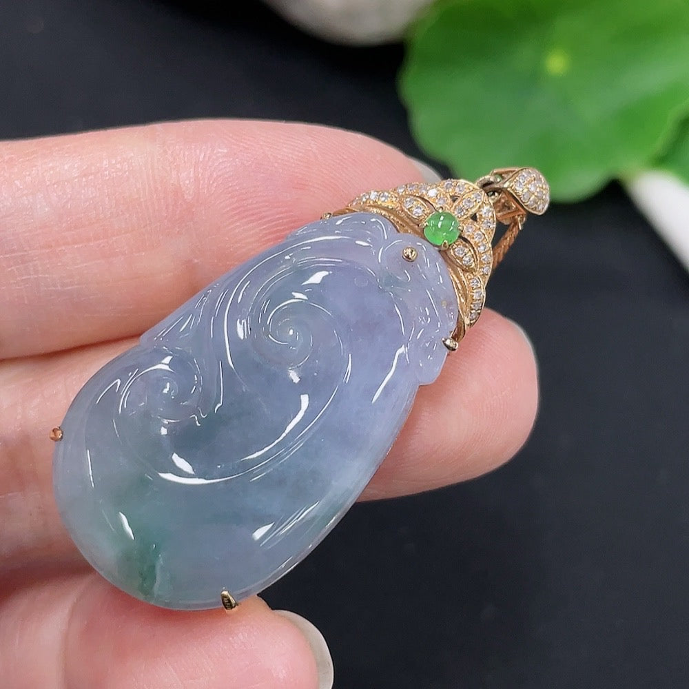 Jadeite Ruyi Inlaid Pendant 18K Gold Total Weight Approx. 9.4g (Including Chain Weight) (With Diamond Accents)