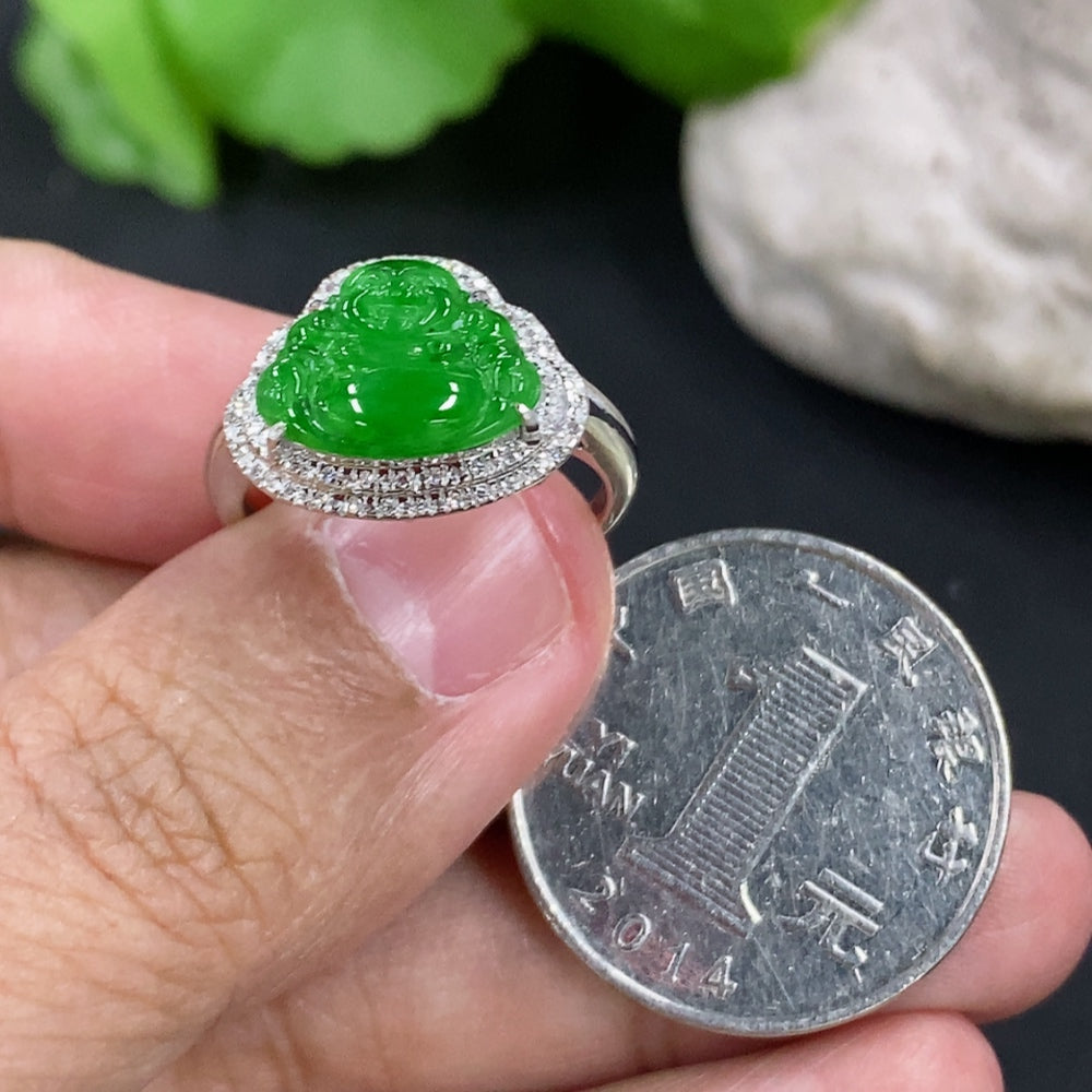 Jadeite Buddha inlaid ring with 18k gold and diamonds, size 14, crafted by HKHQ, showcasing intricate design and precious stones.