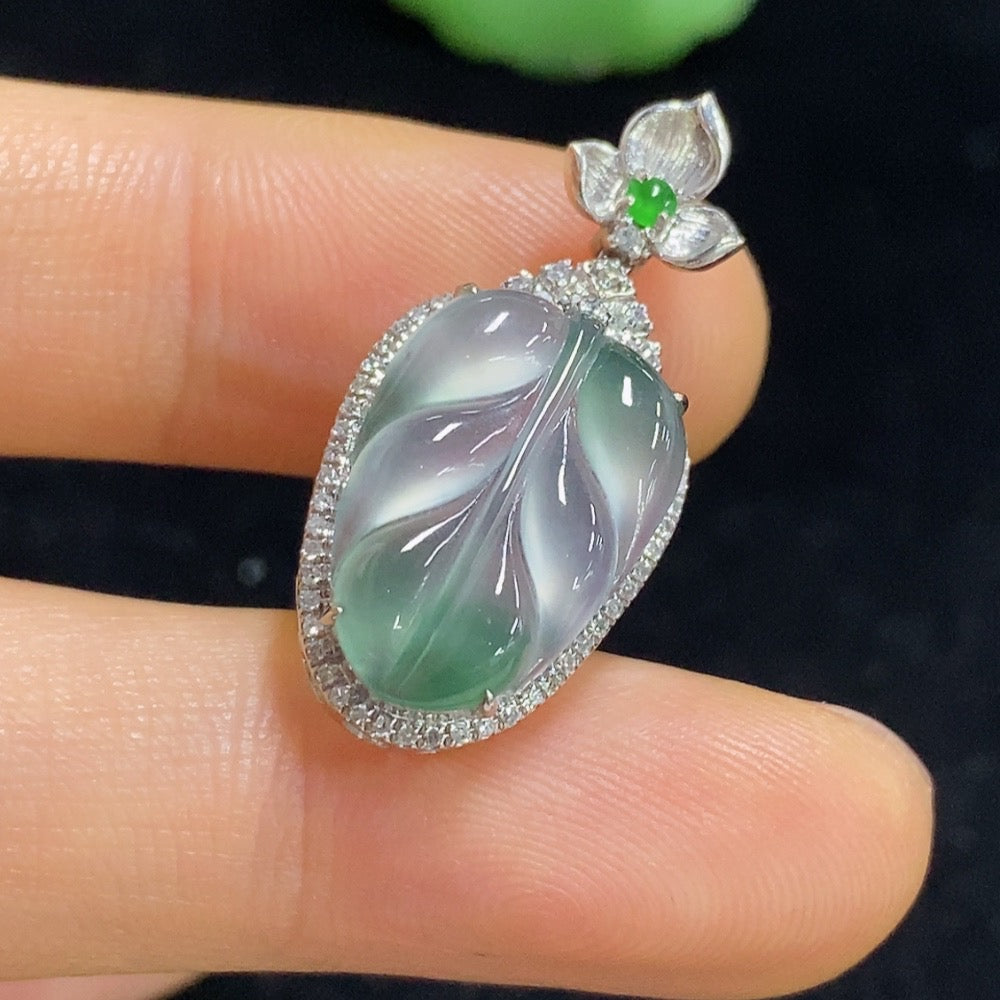 Jadeite Leaf Inlaid Pendant 18k with Diamond Accents Total Weight Approximately 2.53g