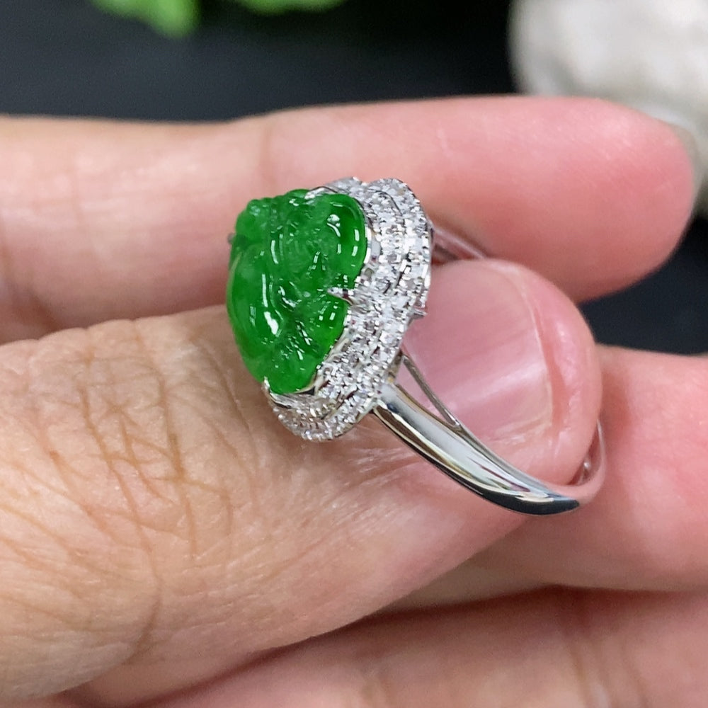 Jadeite Buddha inlaid ring by HKHQ with 18k gold and diamonds, size 14, showcasing intricate design and detailed craftsmanship.