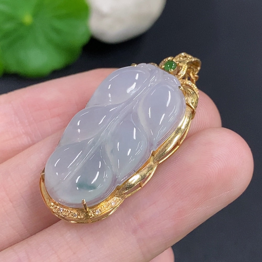 Jadeite Leaf Inlay Pendant 18K Gold with Diamond Accents