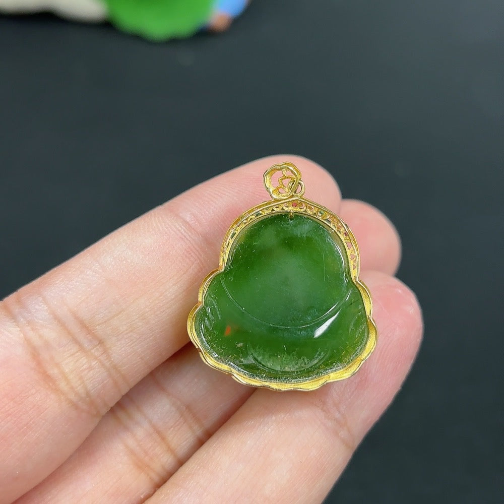 Hetian Jade Inlaid Pendant Buddha Total Weight Approx.6g 18k