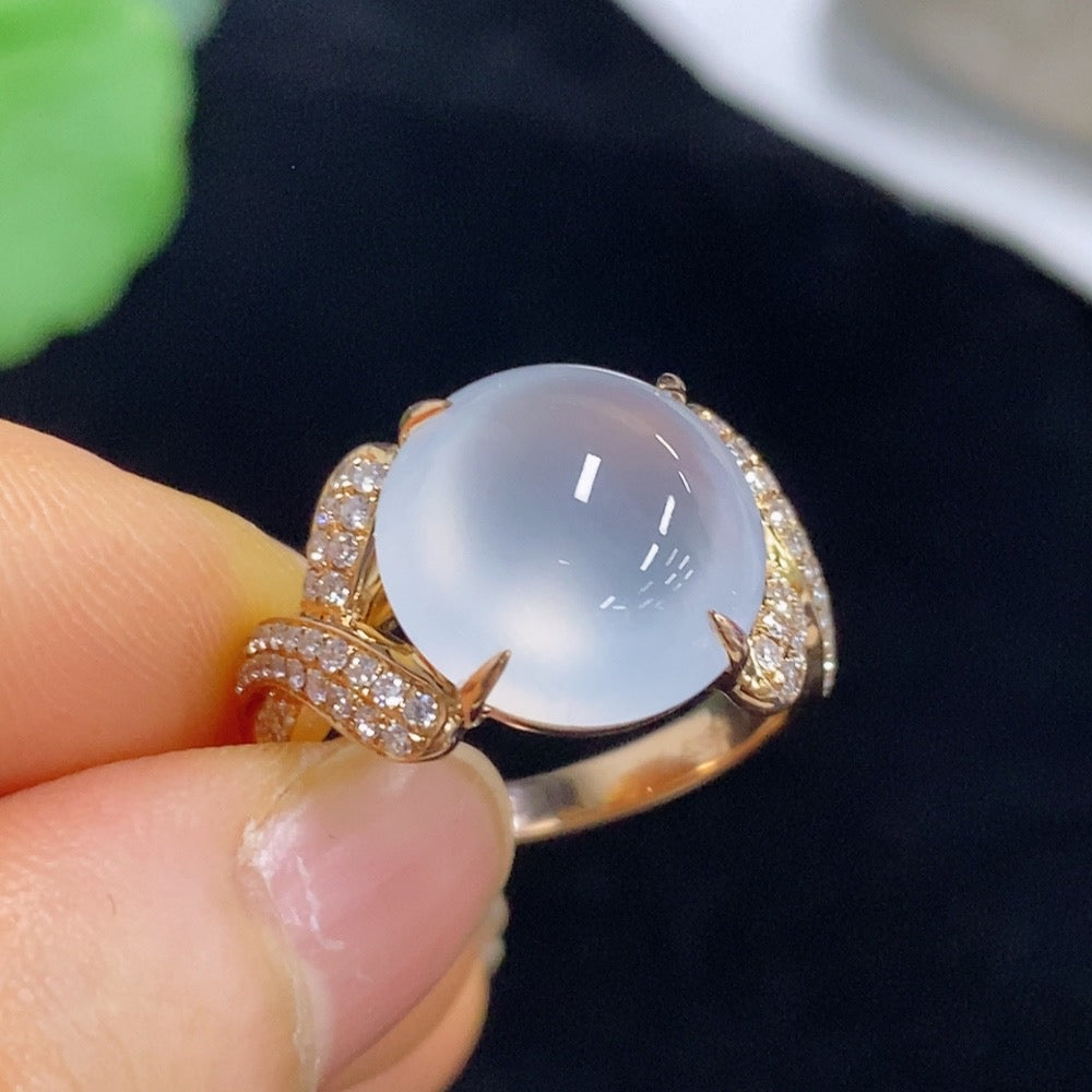 Jadeite Cabochon Ring with 18k Gold and Diamond Accents, Size 19, Total Weight Approximately 8.62g