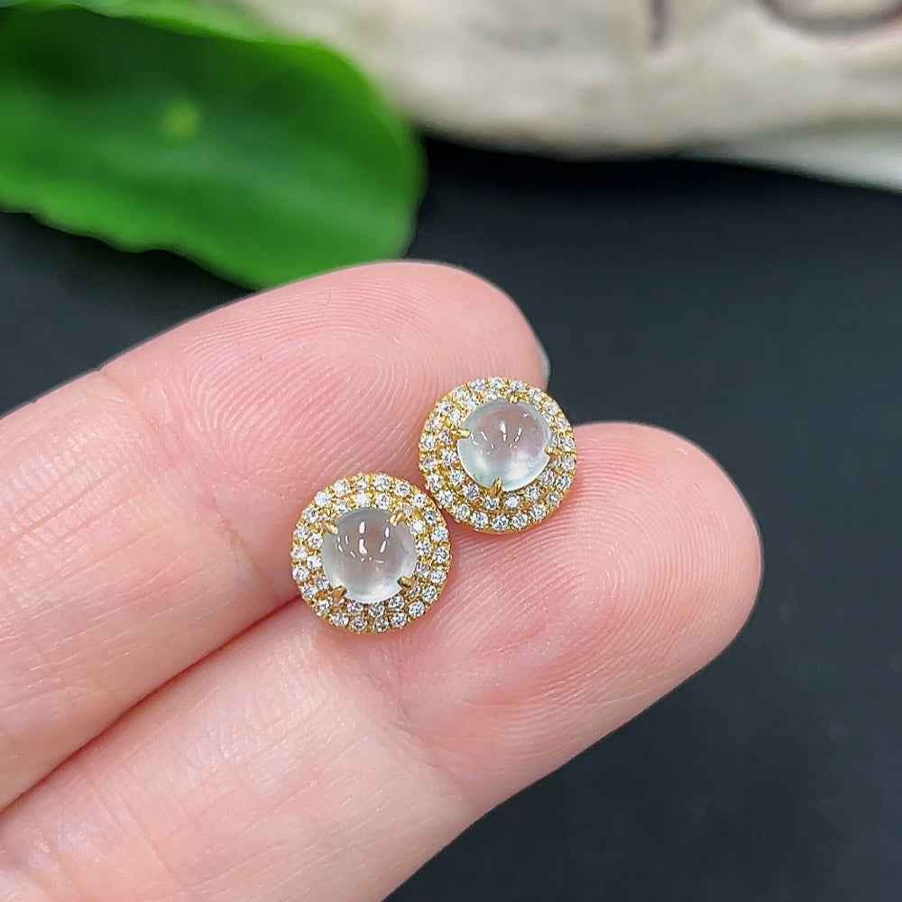 HKHQ Jadeite earrings pair with diamond accents, 18K gold, weighing approx. 1.1g, showcasing elegant jewelry craftsmanship.