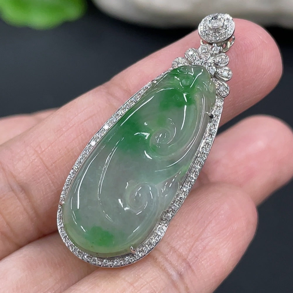 Jadeite Ruyi Inlaid Pendant 18K Gold (With Diamond Accents)