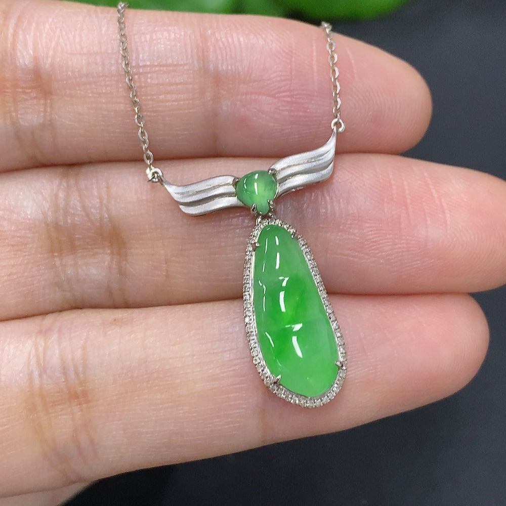 Jadeite Lucky Bean Pendant with 18K Gold and Diamond Accents, Total Weight Approximately 2.7g Including Chain
