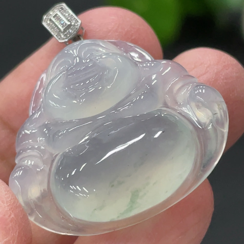 Jadeite Buddha Pendant with 18K Gold Clasp and Diamond Accents, Total Weight Approximately 5.47g