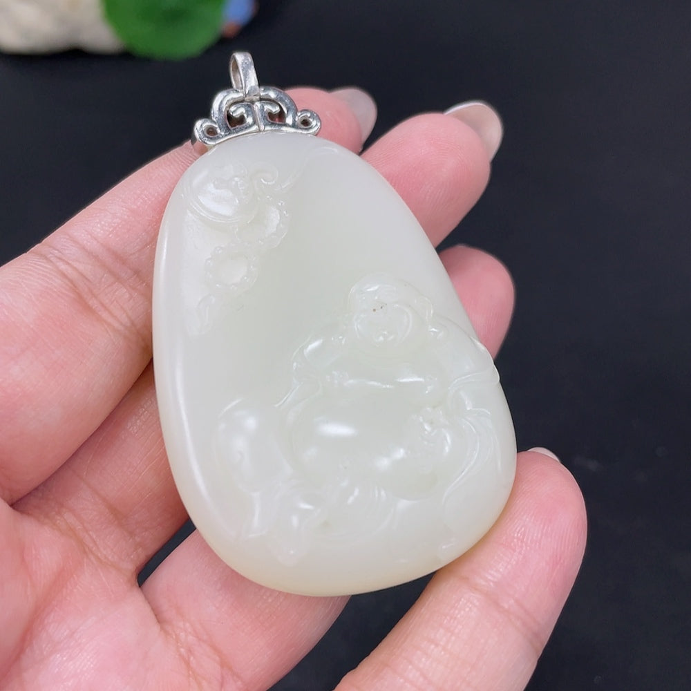 Hetian Jade Inlaid Pendant - Buddha, Total Weight Approx. 52.5g, Non-Gold