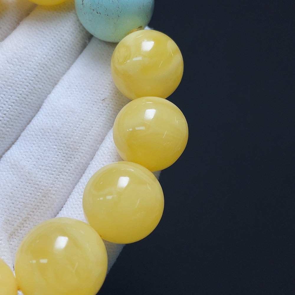 Amber Beeswax Bracelet with Turquoise, Containing Other Mineral Components + Southern Red Agate, Visible Organic Matter, Size About 16.3mm