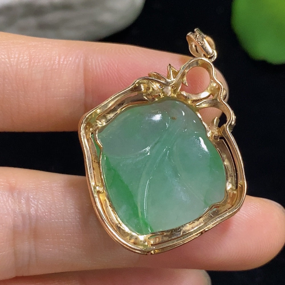 Jadeite Leaf Pendant with 18K Gold and Diamond Accents