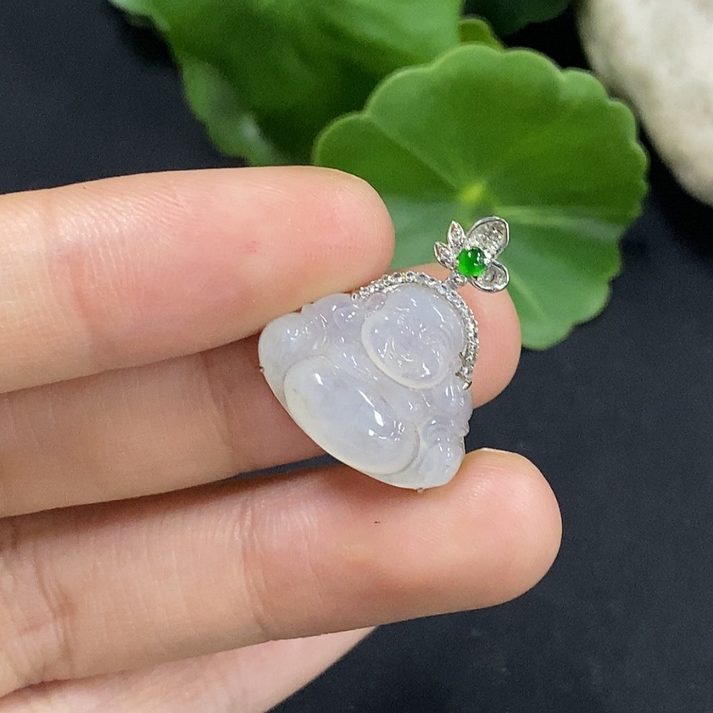 Jadeite Buddha Pendant Set in 18K Gold with Diamond Accents, Total Weight Approximately 3.08g